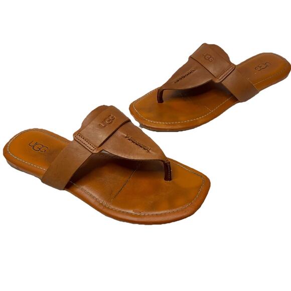 Women's Ugg Gaila Tan Brown Leather Thong Flip Flops Size 7 Open Toe Trendy - Picture 1 of 10